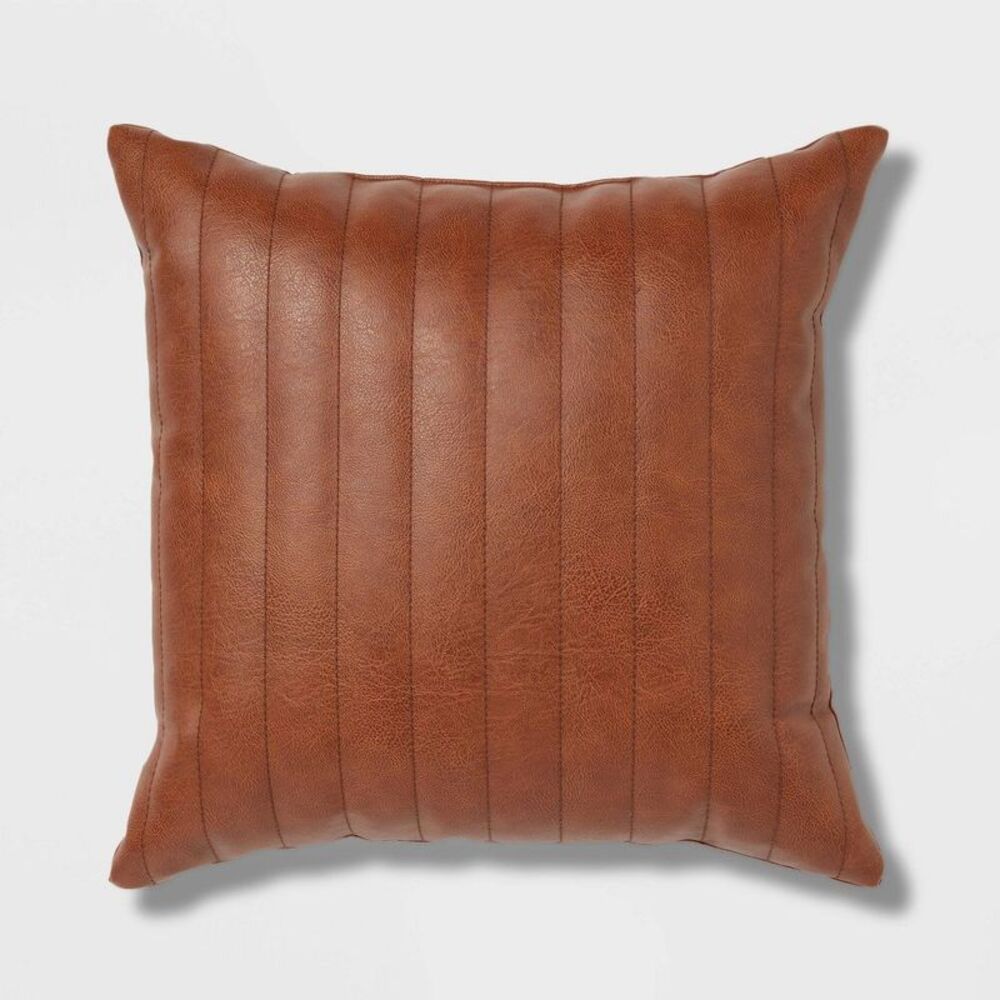 Square Faux Leather Channel Stitch Throw Pillow - Cognac Brown